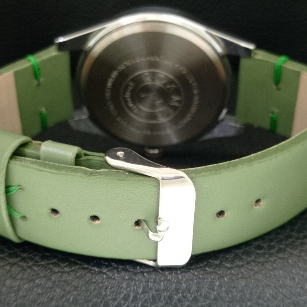 Vintage 1970 Roamer Manual Mens Silver Watch W/Leather Strap & Green accents - Picture 2 of 9